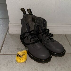 Gray Doc Martens with Black and Yellow Laces